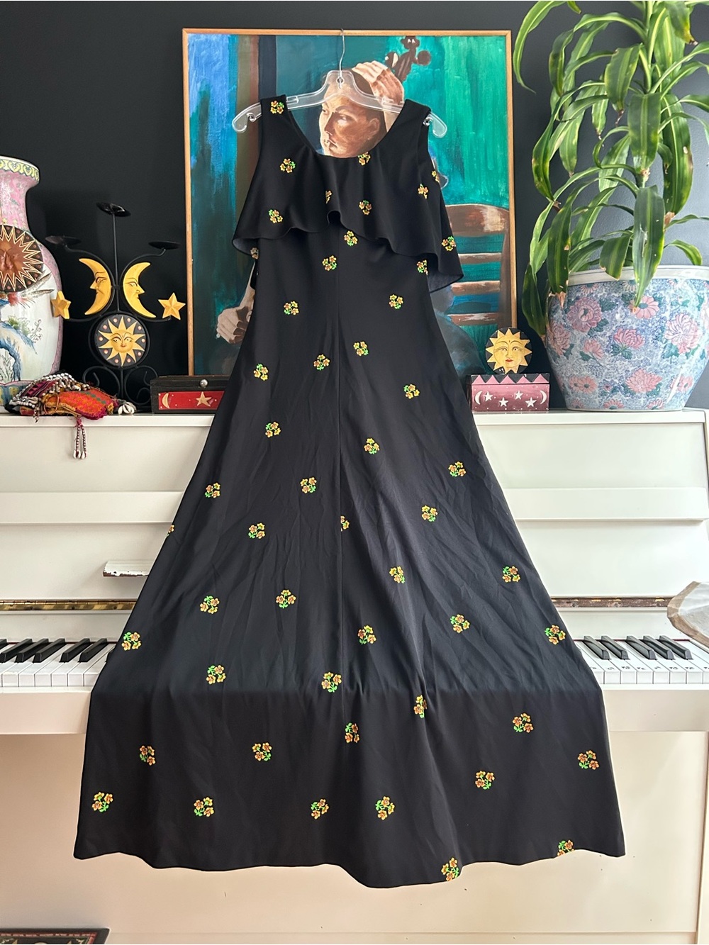 Vintage 70s The Place Floral Maxi Dress Black Cape Overlay Union Made Canada M